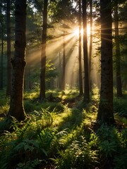 Poster - Tranquil forest clearing with sun rays.