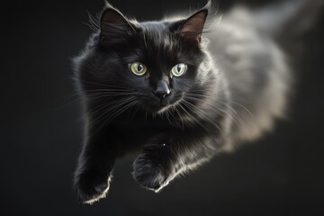 Poster - Black Cat With Green Eyes Leaping Through Air