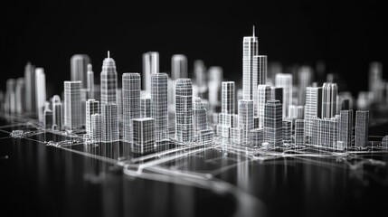 Poster - Wireframe Model of City Skyline with Reflection on Black Background.