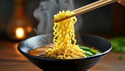 Steaming ramen noodles elegantly lifted by chopsticks, showcasing a delicious culinary moment