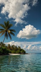 Wall Mural - Tropical island with palm trees and white clouds.