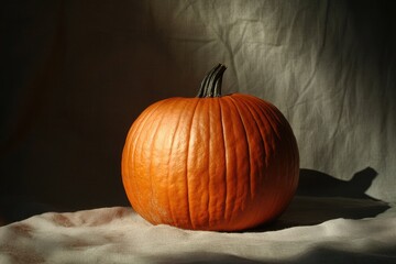 Sticker - A Single Orange Pumpkin Resting on a Wrinkled Fabric Surface