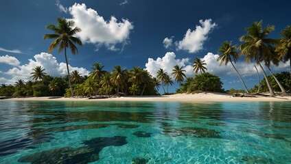 Sticker - Tropical island with palm trees under a blue sky.