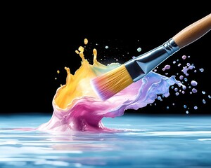 A vibrant paint splash created by a brush, showcasing colorful hues against a dark backdrop, evoking creativity and inspiration.