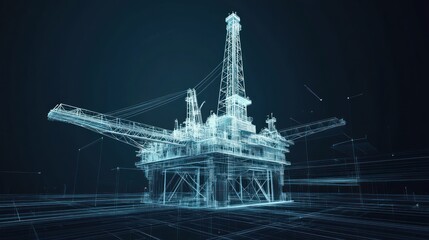 Wall Mural - wireframe model of an offshore oil rig against a dark blue background.
