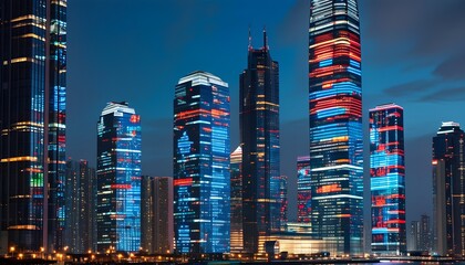 Wall Mural - Dynamic modern cityscape with towering skyscrapers featuring illuminated stock market data displays, embodying finance and technology integration