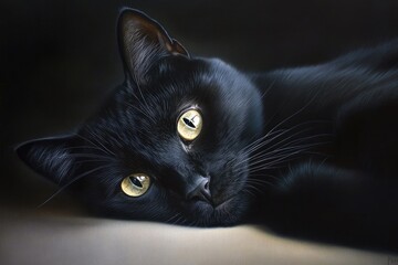 Wall Mural - Close-up portrait of a black cat with yellow eyes lying on a textured surface