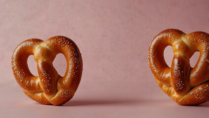 Two Bavarian pretzels on a pink background, perfect for Oktoberfest.