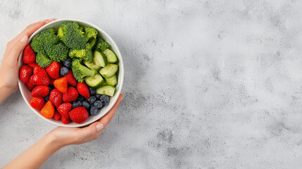 Wall Mural - Fresh fruits and vegetables in bowl, including strawberries, blueberries, and broccoli, are held by hands against light gray background, promoting healthy eating and nutrition