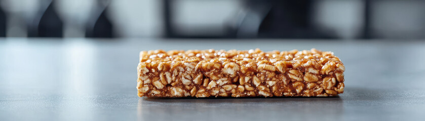 close up view of protein bar resting on smooth surface, showcasing its textured surface and ingredients. This image captures essence of healthy snacking and fitness