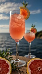 Poster - Two glasses of grapefruit mocktail with rosemary and sea background.