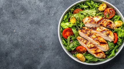 Fresh salad with grilled chicken, vibrant greens, and cherry tomatoes, perfect for healthy meal. This dish embodies nutritious lifestyle and is ideal for fitness enthusiasts