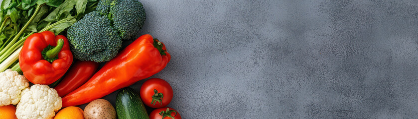 Wall Mural - Fresh vegetables including bell peppers, broccoli, and tomatoes arranged on textured surface, promoting healthy eating and nutrition