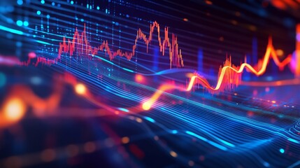 Aufkleber - A dynamic 3D graph with curved lines and glowing data points, symbolizing business growth and futuristic financial forecasting.