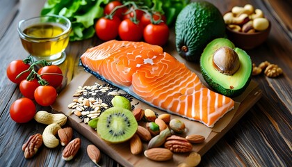 Wall Mural - Quality choices for healthy fats: salmon, avocados, oils, and nuts focusing on selectivity and nutrition.