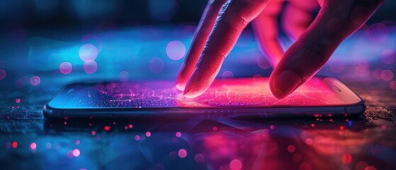 Wall Mural - Finger touching a smartphone, activating a glowing cybersecurity interface. Free copy space for banner.