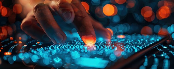 Wall Mural - Finger touching a smartphone, activating a glowing cybersecurity interface. Free copy space for banner.