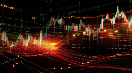 Aufkleber - A dynamic stock chart with candlestick patterns and fluctuating lines, symbolizing active market trading and stock market trends.
