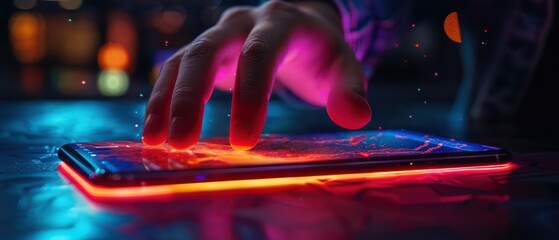 Wall Mural - Finger touching a smartphone, activating a glowing cybersecurity interface. Free copy space for banner.