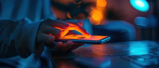 Wall Mural - Finger touching a smartphone, activating a glowing cybersecurity interface. Free copy space for banner.