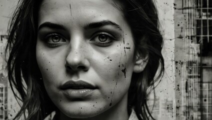 Wall Mural - Urban art portrait of a woman’s face overlaid on a black-and-white photo.