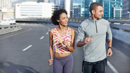 Canvas Print - Running, race and training with couple in city for start of fitness, athlete and wellness. Health, exercise and marathon workout with people for urban, cardio and sports performance together