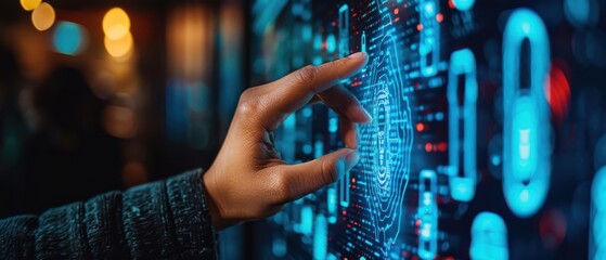 Wall Mural - Finger touching a smartphone, activating a glowing cybersecurity interface. Free copy space for banner.