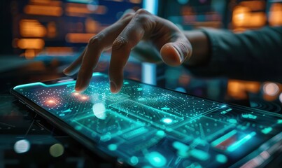 Wall Mural - Finger touching a smartphone, activating a glowing cybersecurity interface. Free copy space for banner.
