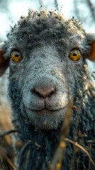 Wall Mural - Close-Up Portrait of a Fluffy Sheep with Curious Eyes