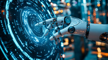 Wall Mural - futuristic robot interacting with digital interface