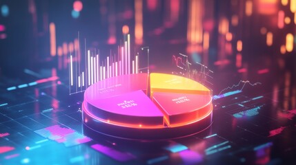 Poster - A floating 3D pie chart with glowing neon segments, representing various financial categories, surrounded by abstract data points and graphs.