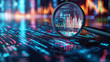 © The Pixel Store - A magnifying glass over an abstract digital chart with upward trending lines, representing stock market growth or financial analysis, Ai