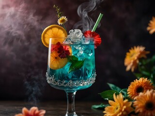 Poster - Vibrant cocktail with flowers and smoke.