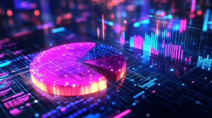 Poster - A floating 3D pie chart with glowing neon segments, representing various financial categories, surrounded by abstract data points and graphs.