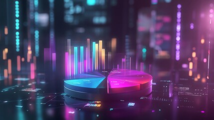 Poster - A floating 3D pie chart with glowing neon segments, representing various financial categories, surrounded by abstract data points and graphs.