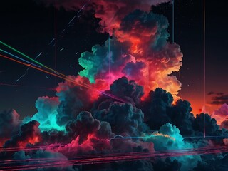 Sticker - Vibrant digital artwork featuring colorful clouds and neon lines.