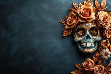 Day of the Dead sugar skulls and flowers on dark background with copy space