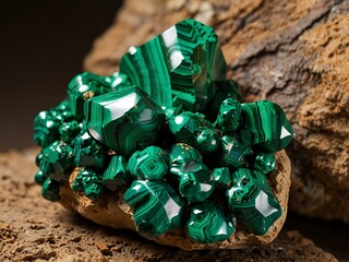 Wall Mural - Vibrant green malachite mineral cluster on brown rock.1