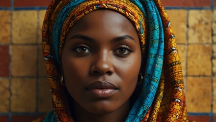 Wall Mural - Vibrant mosaic of an African woman wearing a colorful headscarf.