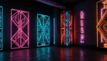 Wall Mural - Vibrant neon light installation with geometric patterns.