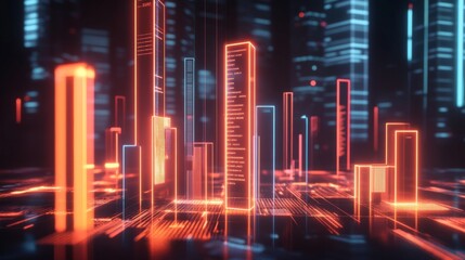 Leinwandbilder - A futuristic 3D bar chart with glowing neon bars and financial data overlaying a dark background, perfect for showcasing economic trends.