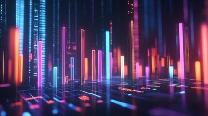 Leinwandbilder - A futuristic 3D bar chart with glowing neon bars and financial data overlaying a dark background, perfect for showcasing economic trends.