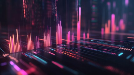 Leinwandbilder - A futuristic 3D bar chart with glowing neon bars and financial data overlaying a dark background, perfect for showcasing economic trends.