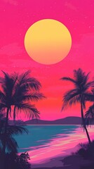 Sticker - Sunset Palm Beach with Big Moon Illustration