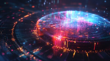 Poster - A futuristic 3D pie chart rotating in space with vivid, transparent segments and digital data streams flowing around it, representing financial distribution.