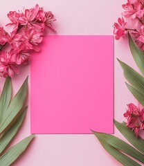 Poster - Pink Flowers and Green Leaves on a Pink Background