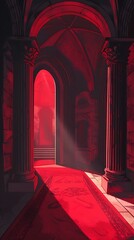 Poster - Red Hallway With Pillars and Archway