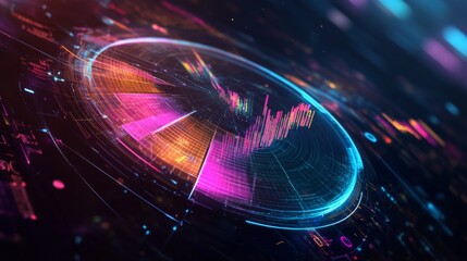 Aufkleber - A futuristic 3D pie chart rotating in space with vivid, transparent segments and digital data streams flowing around it, representing financial distribution.