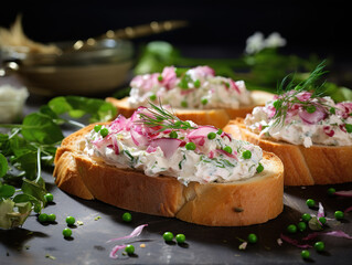 Wall Mural - Gorgeous details of a smoked salmon bruschetta with cream cheese