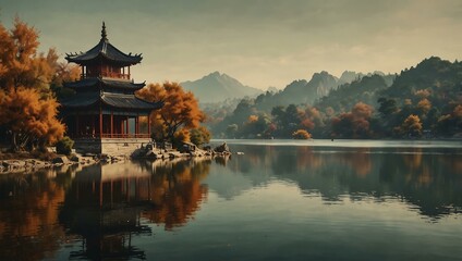 Canvas Print - Vintage Chinese autumn landscape with a lake and pagoda.